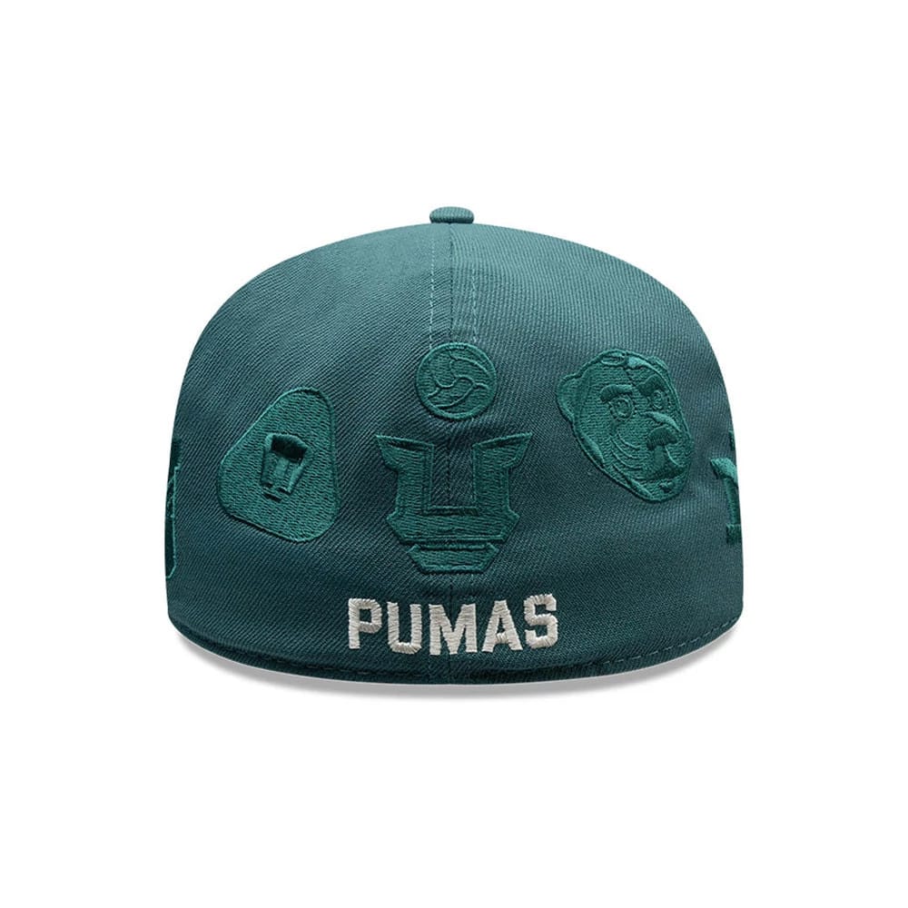 Pumas Unam Liga MX All Over Dark Green New Era 59FIFTY Fitted Cap, rear view showing white embroidered PUMAS lettering at the base, surrounded by various green embroidered logos on the structured dark green crown.