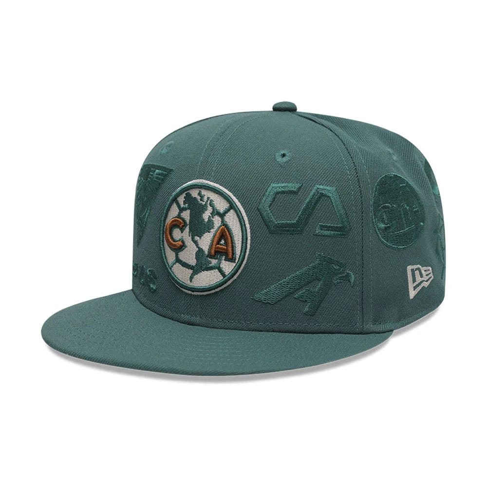 Club America Liga MX All Over Dark Green New Era 59FIFTY Fitted Cap, three-quarter view showing the raised embroidered Club America logo on the front panel, with additional embroidered team graphics across the dark green structured crown and visor.