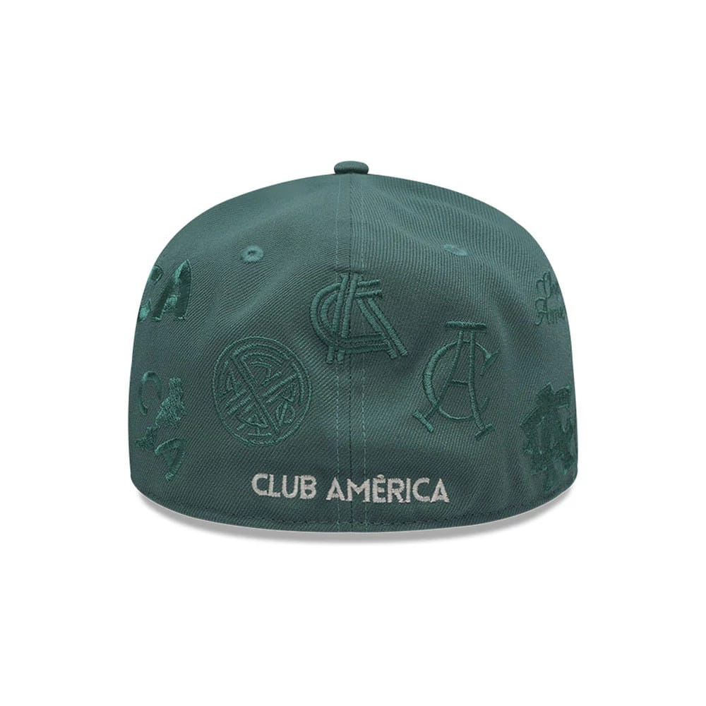 Club America Liga MX All Over Dark Green New Era 59FIFTY Fitted Cap, rear view showing the white embroidered Club América text logo at the centre of the back, with multiple dark green embroidered logos covering the structured crown.