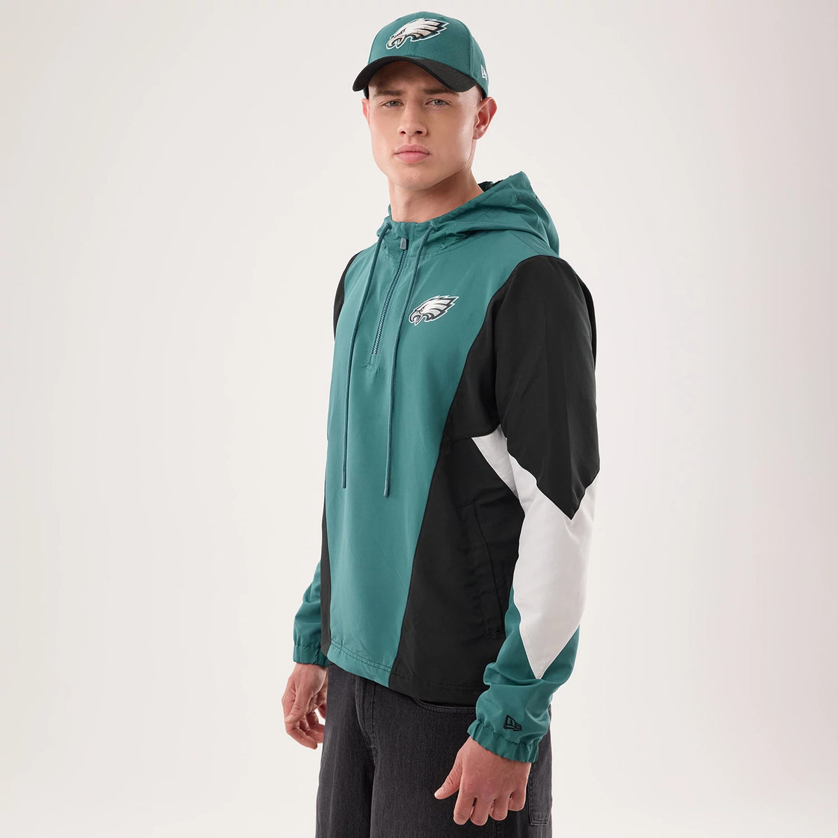 The model is wearing this NFL Philadelphia Eagles Jacket in dark green. 1