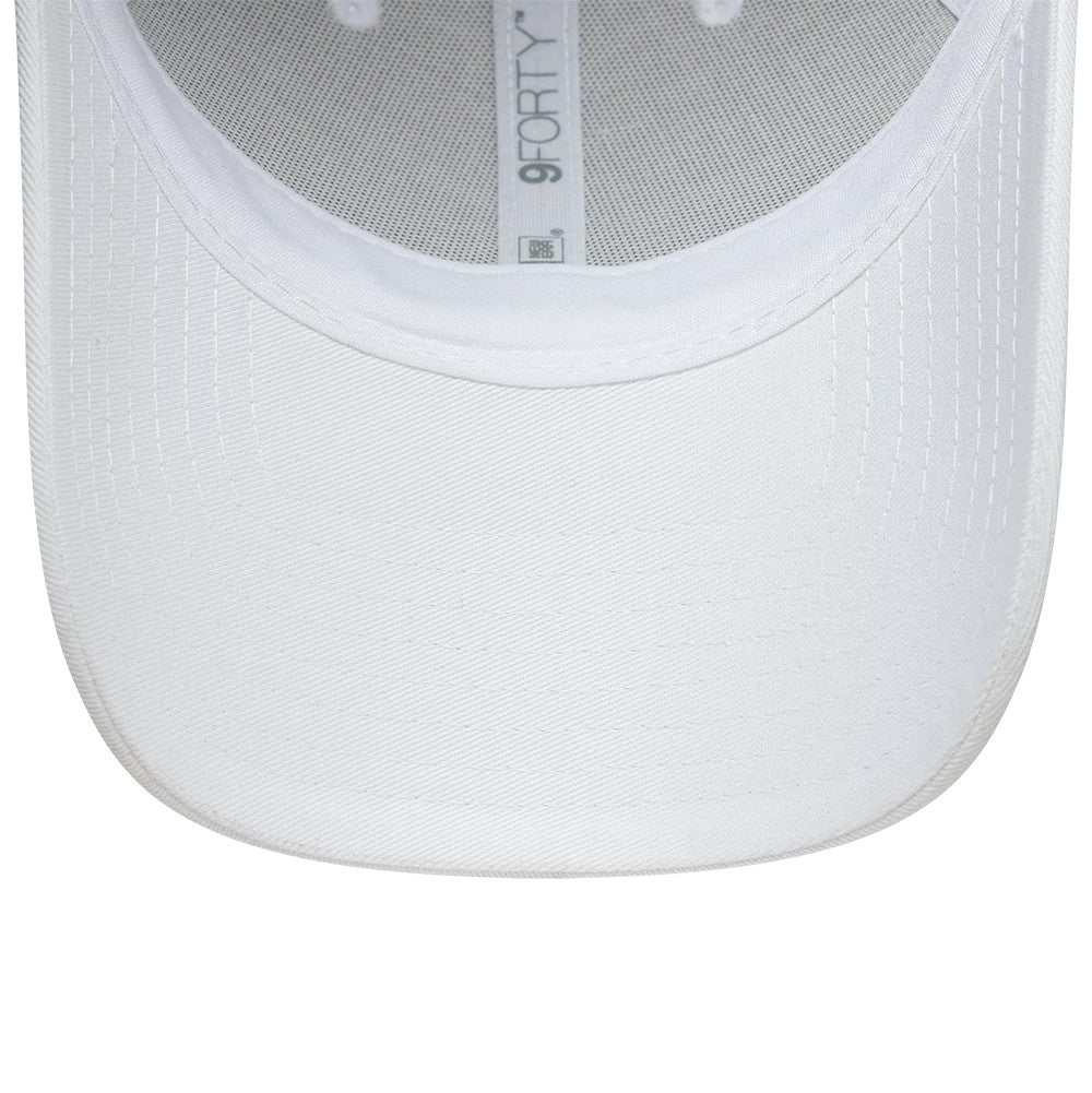 Lacoste X New Era White 9FORTY Adjustable Cap, inside view showing the white undervisor, grey interior mesh lining, and grey 9FORTY taping, with embroidered eyelets on the white structured crown.