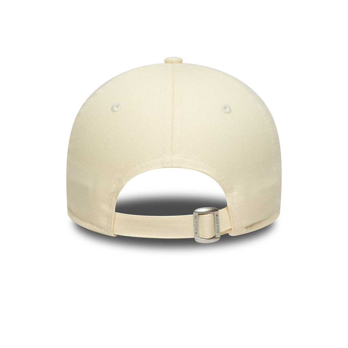 Womens Lacoste X New Era Light Beige 9FORTY Adjustable Cap, rear view showing an arched opening at the back with a light beige strap and silver-coloured buckle for size adjustment, set on a structured light beige crown with eyelets.