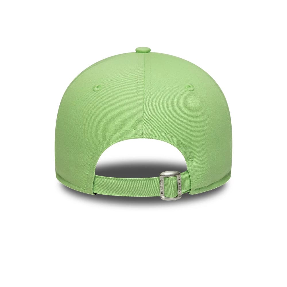 Womens Lacoste X New Era Pastel Green 9FORTY Adjustable Cap, rear view showing the adjustable strap with a buckle, two embroidered eyelets on the back panels, and a structured pastel green crown with a matching top button.
