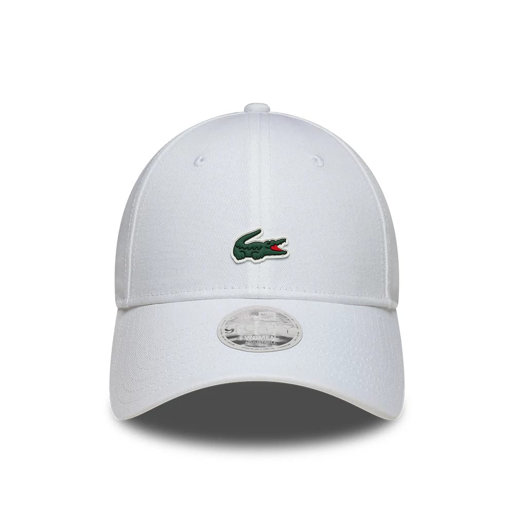 Womens Lacoste X New Era White 9FORTY Adjustable Cap, front view showing the embroidered green and red Lacoste crocodile logo on the white front panel, a curved visor, and a 9FORTY size sticker on the centre of the visor.