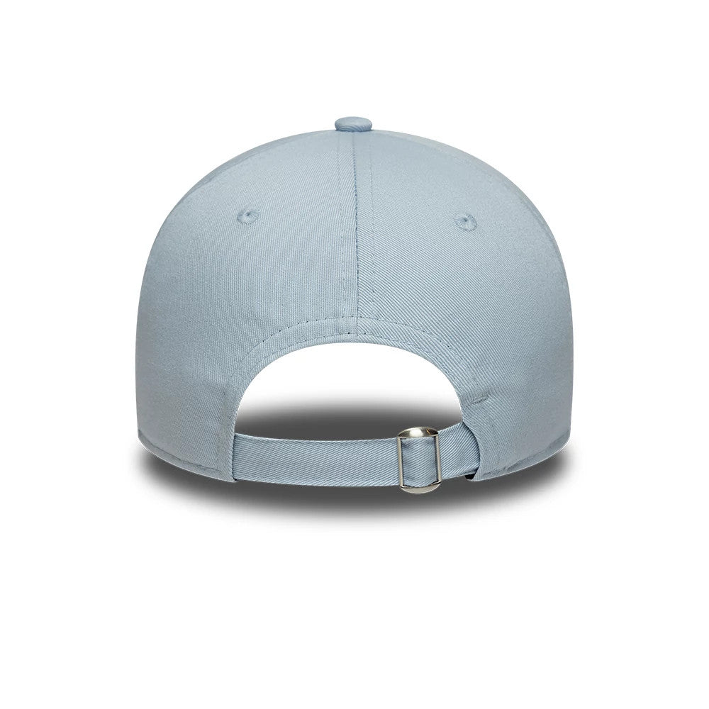 Lacoste X New Era Pastel Blue New Era 9TWENTY Adjustable Cap, rear view showing the pastel blue adjustable strap with a buckle, unstructured crown with four eyelets, and top button in matching pastel blue fabric.