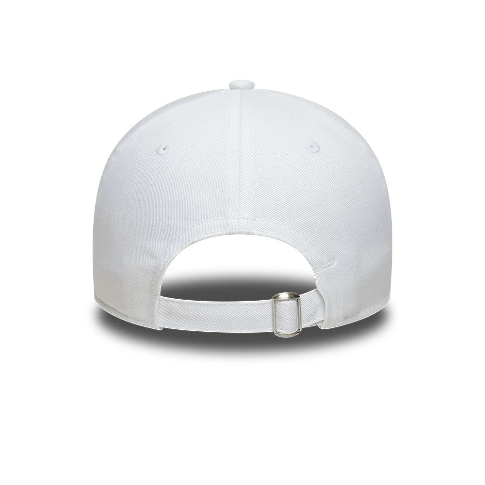 Lacoste X New Era Golf White 9TWENTY Adjustable Cap, rear view showing a white structured crown with embroidered eyelets, an adjustable strap with a silver buckle for personal fit, and a gently curved shape for casual style.