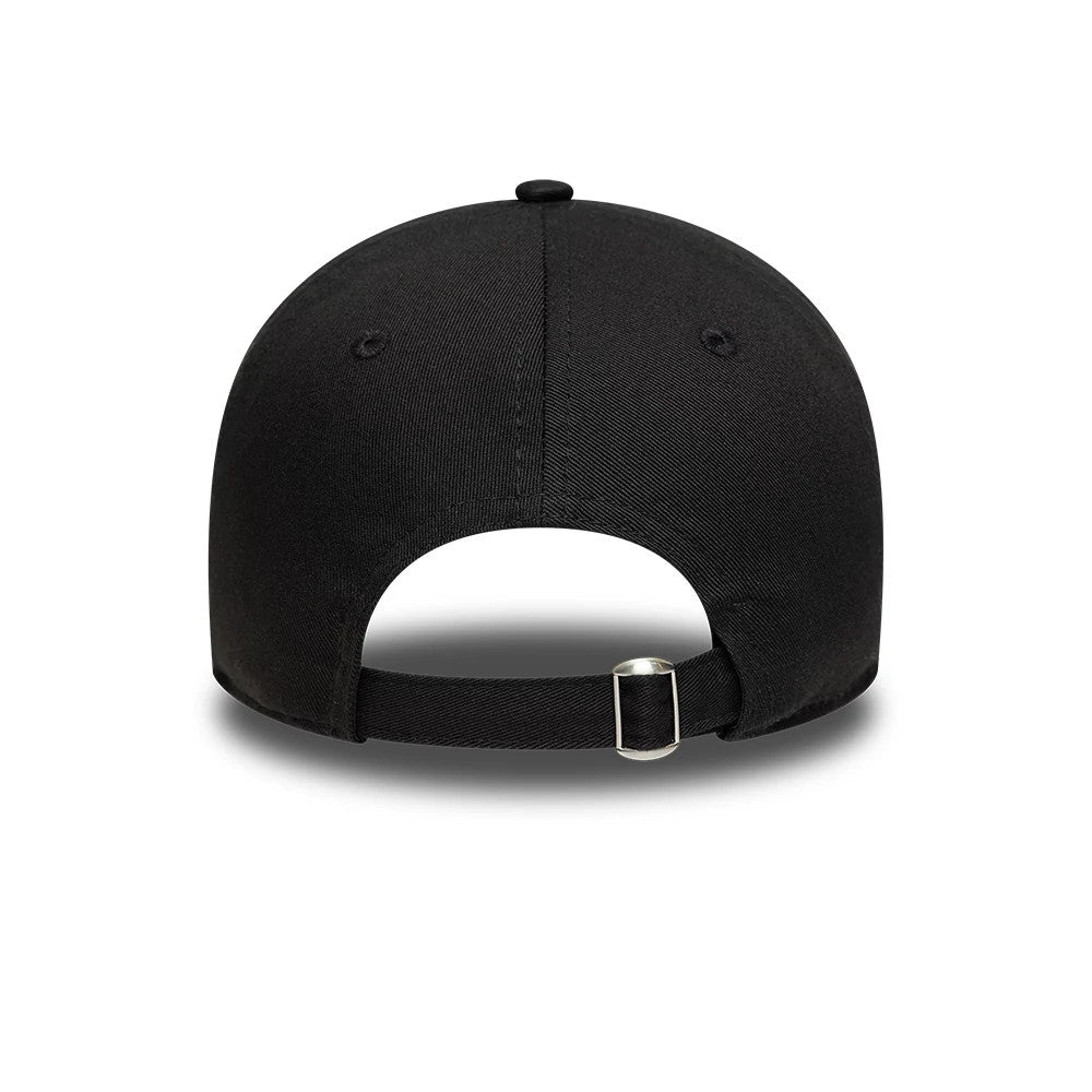 Lacoste X New Era Black 9TWENTY Adjustable Cap, rear view showing the adjustable strap with a buckle, a central embroidered seam running down the black crown, and a top button above the back opening.