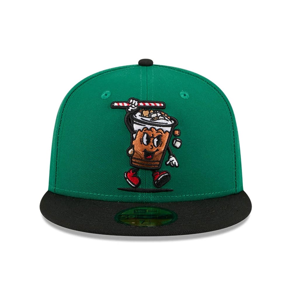 Reading Fightin Phils MiLB Theme Night Green New Era 59FIFTY Fitted Cap, front view showing a colourful embroidered mascot holding a bat on the green front panel, with a contrasting black visor and gold 59FIFTY size sticker.