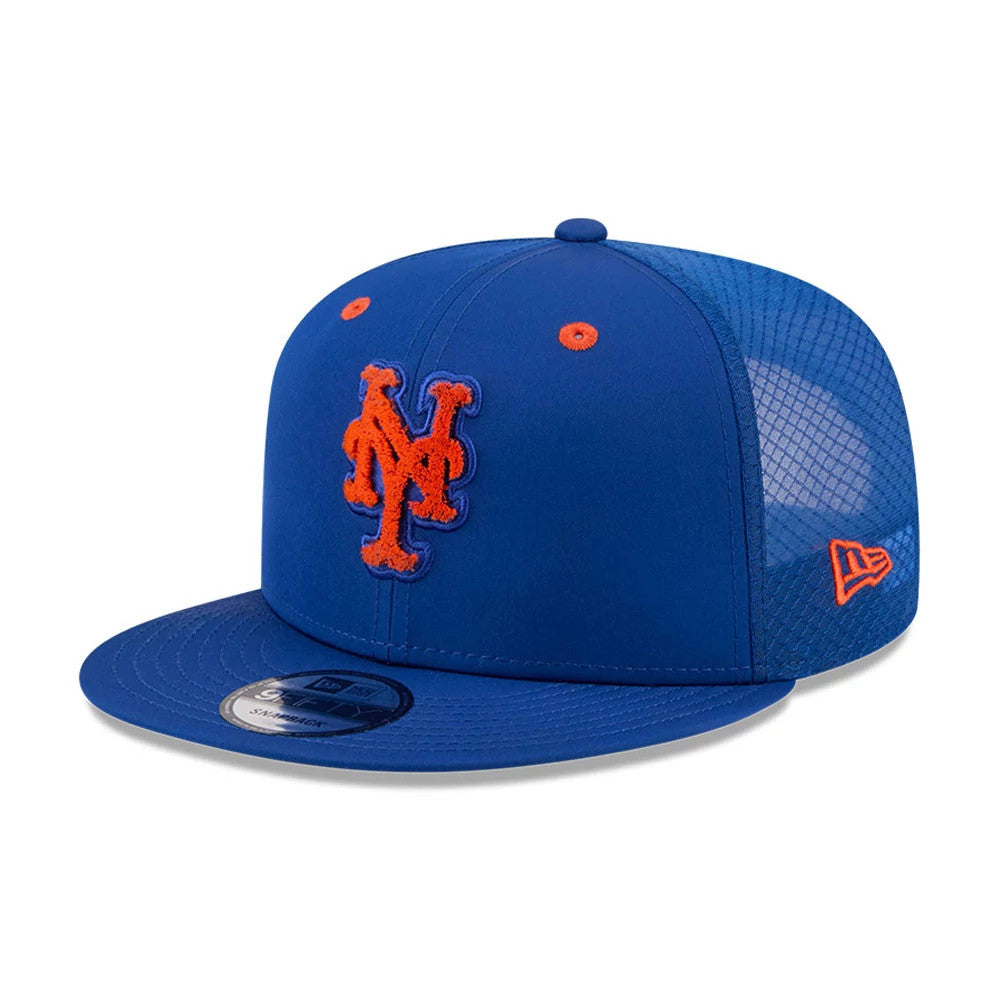 New York Mets MLB All Star Game Blue New Era 9FIFTY Snapback Adjustable Cap, front view showing the raised orange NY logo on the structured blue crown with orange eyelets, blue flat visor, and New Era flag logo on the left side.