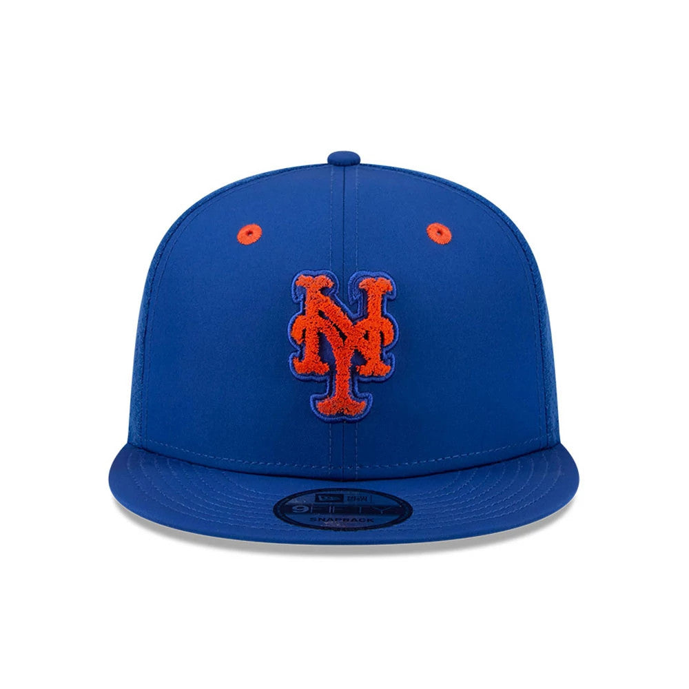 New York Mets MLB All Star Game Blue New Era 9FIFTY Snapback Adjustable Cap, front view showing a raised orange embroidered Mets logo on the centre front panel, blue flat visor, and black 9FIFTY size sticker on the visor.
