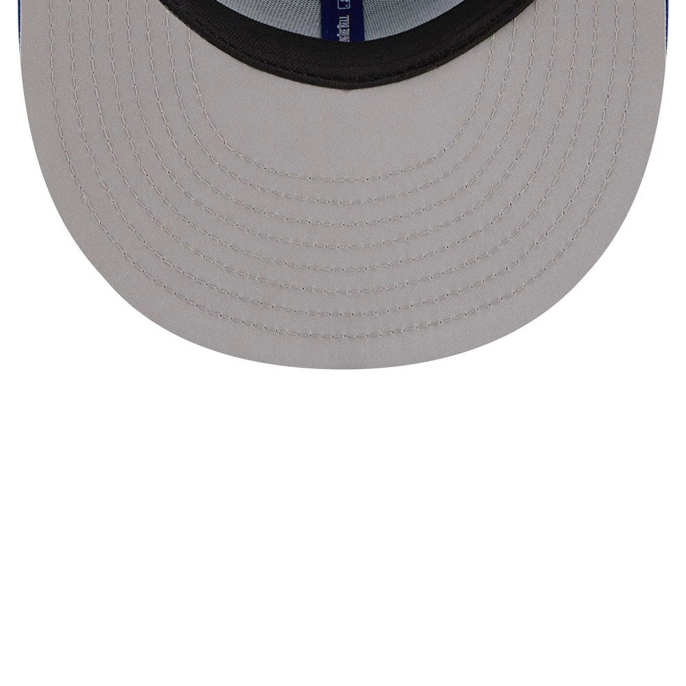 New York Mets MLB All Star Game Blue New Era 9FIFTY Snapback Adjustable Cap, inside view showing a grey undervisor with black edge, dark sweatband, and blue taping with a repeating MLB logo pattern.