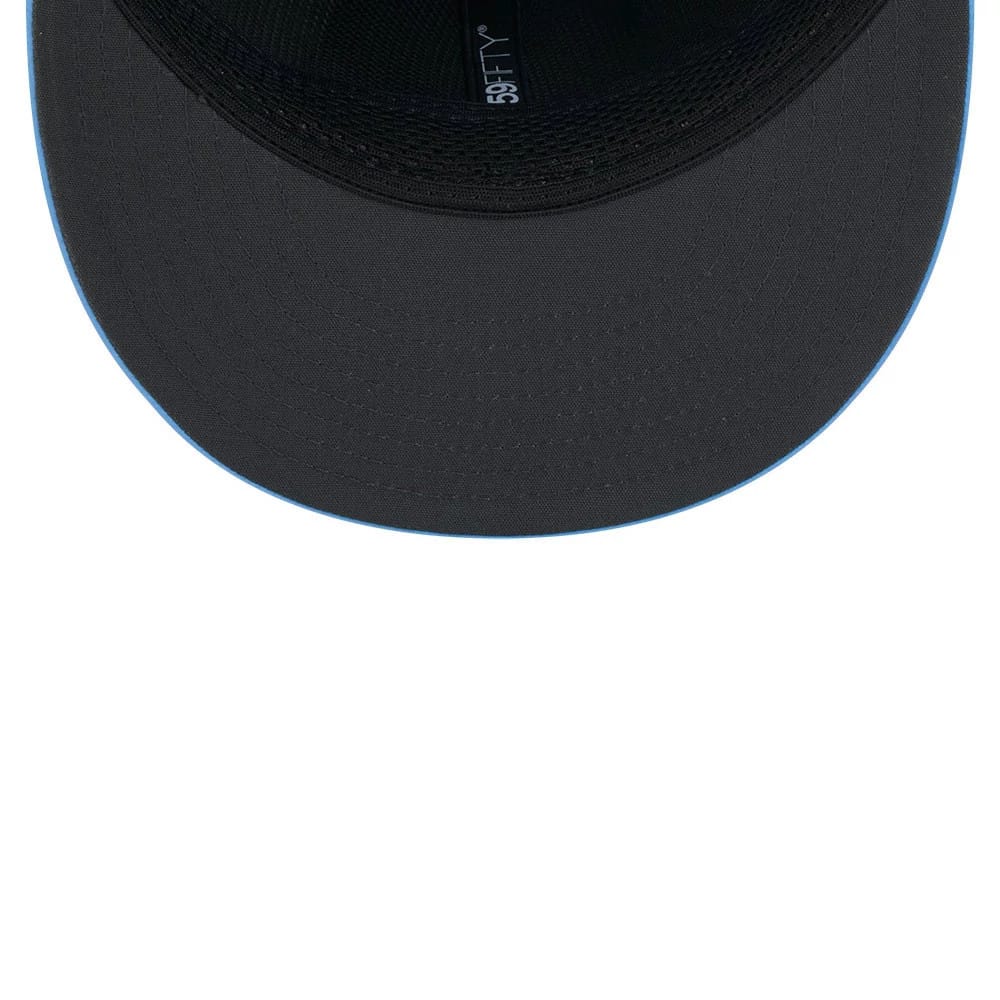 Tennessee Titans NFL Sideline 2026 Pastel Blue New Era 59FIFTY Fitted Cap, inside view showing the black sweatband, official 59FIFTY taping along the centre, and a black undervisor with a pastel blue edge highlight.