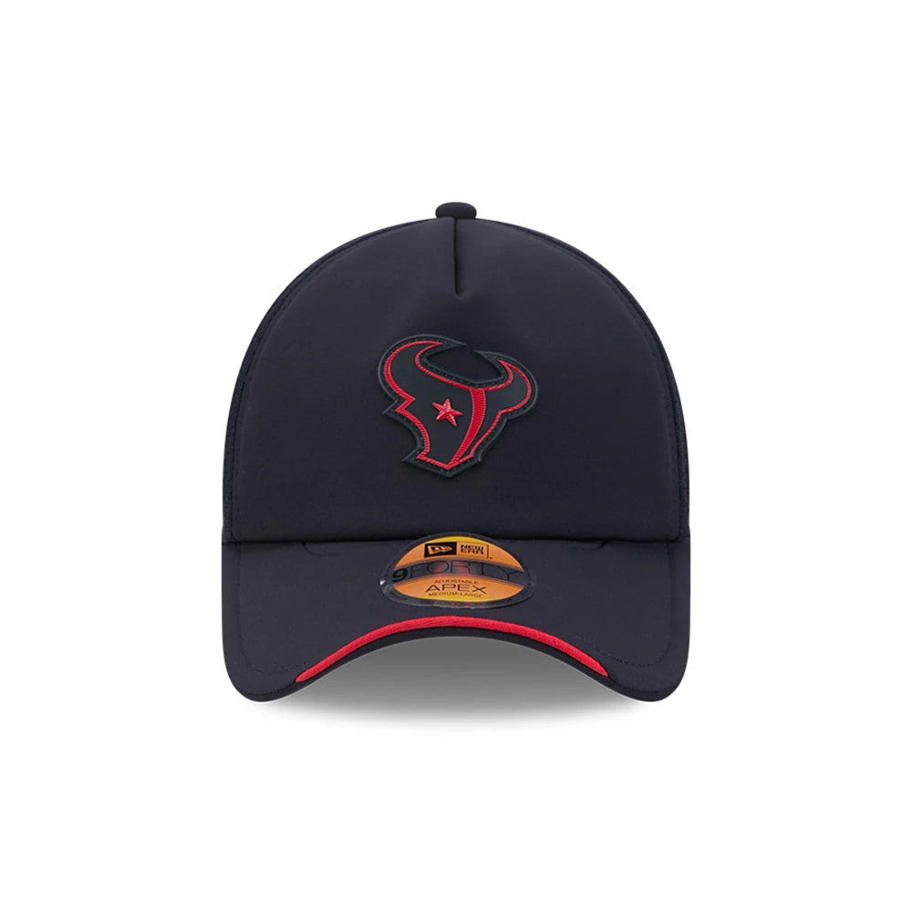 Houston Texans NFL Sideline 2026 Navy New Era 9FORTY Apex Adjustable Cap, front view showing the red and black embroidered Texans logo on the front panel, a navy curved visor with a red accent, and the 9FORTY size sticker on the visor.