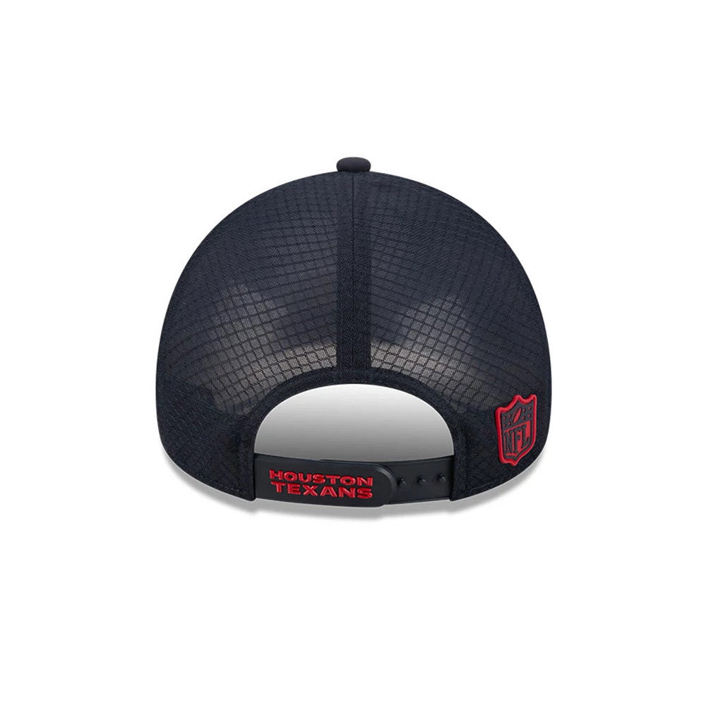 Houston Texans NFL Sideline 2026 Navy New Era 9FORTY Apex Adjustable Cap, rear view showing the red embroidered Houston Texans lettering on the black adjustable strap, with an NFL shield logo on the lower right corner of the structured navy crown.
