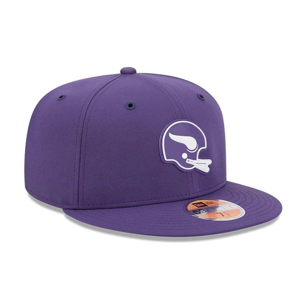 Minnesota Vikings NFL Sideline 2026 Purple New Era 59FIFTY Fitted Cap, front view showing the white and purple Vikings helmet graphic embroidered on the front panel, paired with a flat purple visor featuring a gold 59FIFTY size sticker.