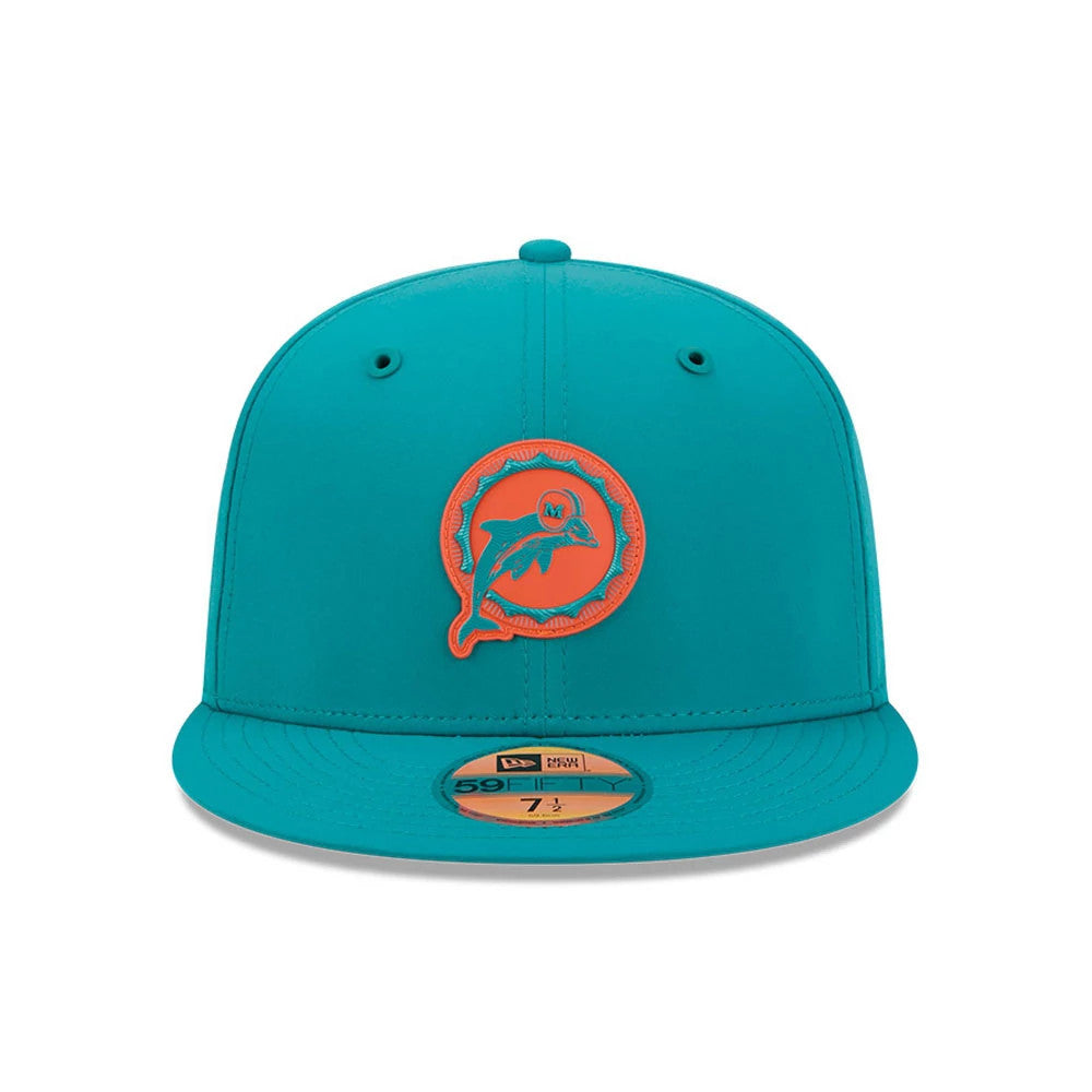 Pictured is this NFL Sideline 2026 Miami Dolphins 59FIFTY Fitted cap in turquoise. 3