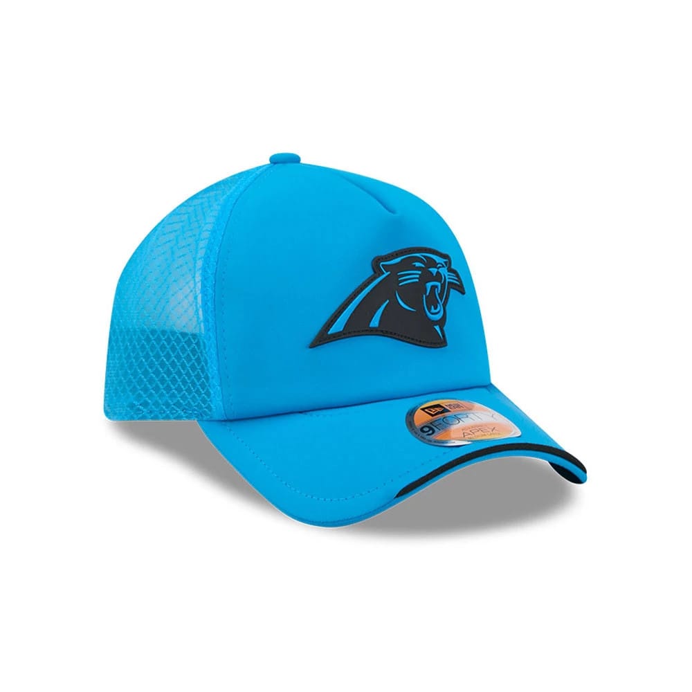 Carolina Panthers NFL Sideline 2026 Blue New Era 9FORTY Apex Adjustable Cap, three-quarter view showing the black and blue embroidered panther logo on the front panel, a curved blue visor with black trim, and 9FORTY size sticker.