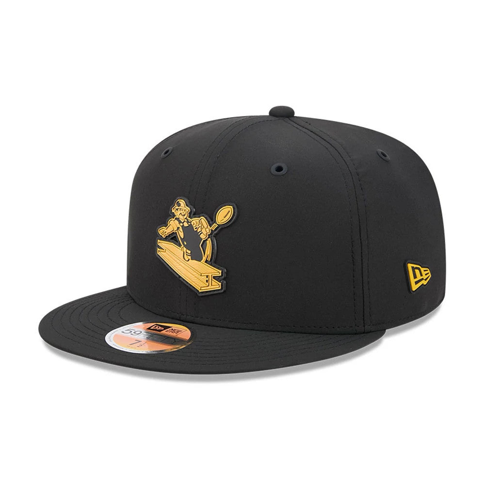 Pittsburgh Steelers NFL Sideline 2026 Black New Era 59FIFTY Fitted Cap, three-quarter view showing a yellow raised embroidered logo on the front panel, a black flat visor with a gold 59FIFTY size sticker.