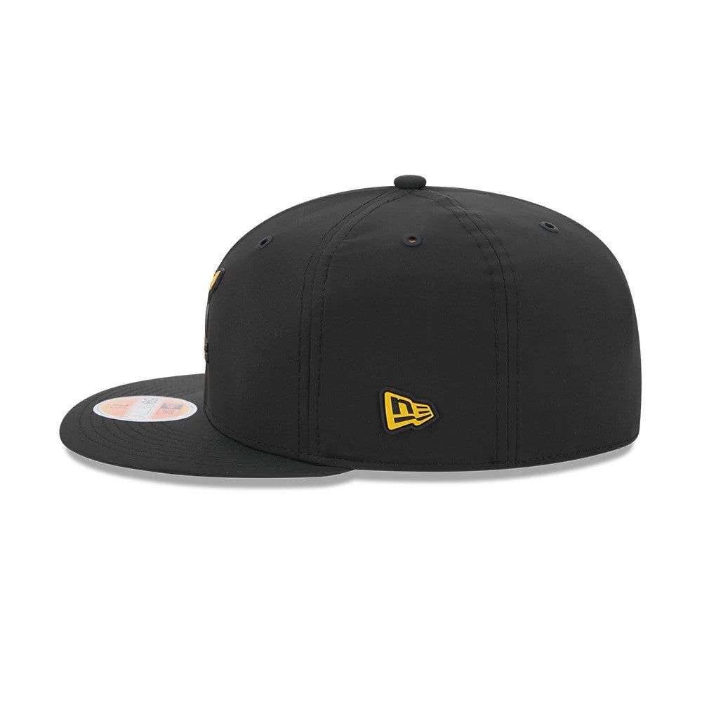 Pittsburgh Steelers NFL Sideline 2026 Black New Era 59FIFTY Fitted Cap, side view showing the gold embroidered New Era flag logo on the left side, with a flat black visor and a 59FIFTY size sticker on the upper side of the visor.