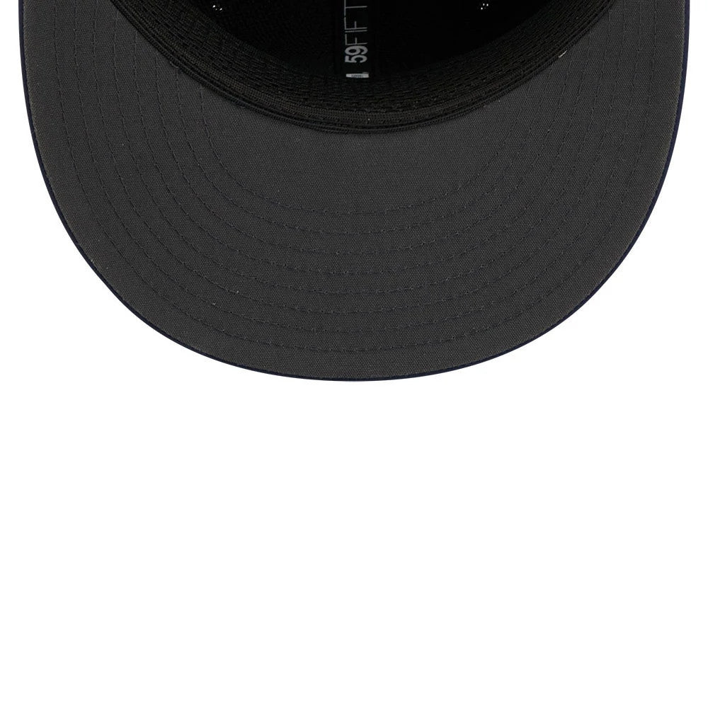 Green Bay Packers NFL Sideline 2026 Dark Blue New Era 59FIFTY Fitted Cap, inside view showing the black sweatband, grey undervisor and the 59FIFTY taping across the inner seam, providing a view of the meticulous stitching detail.