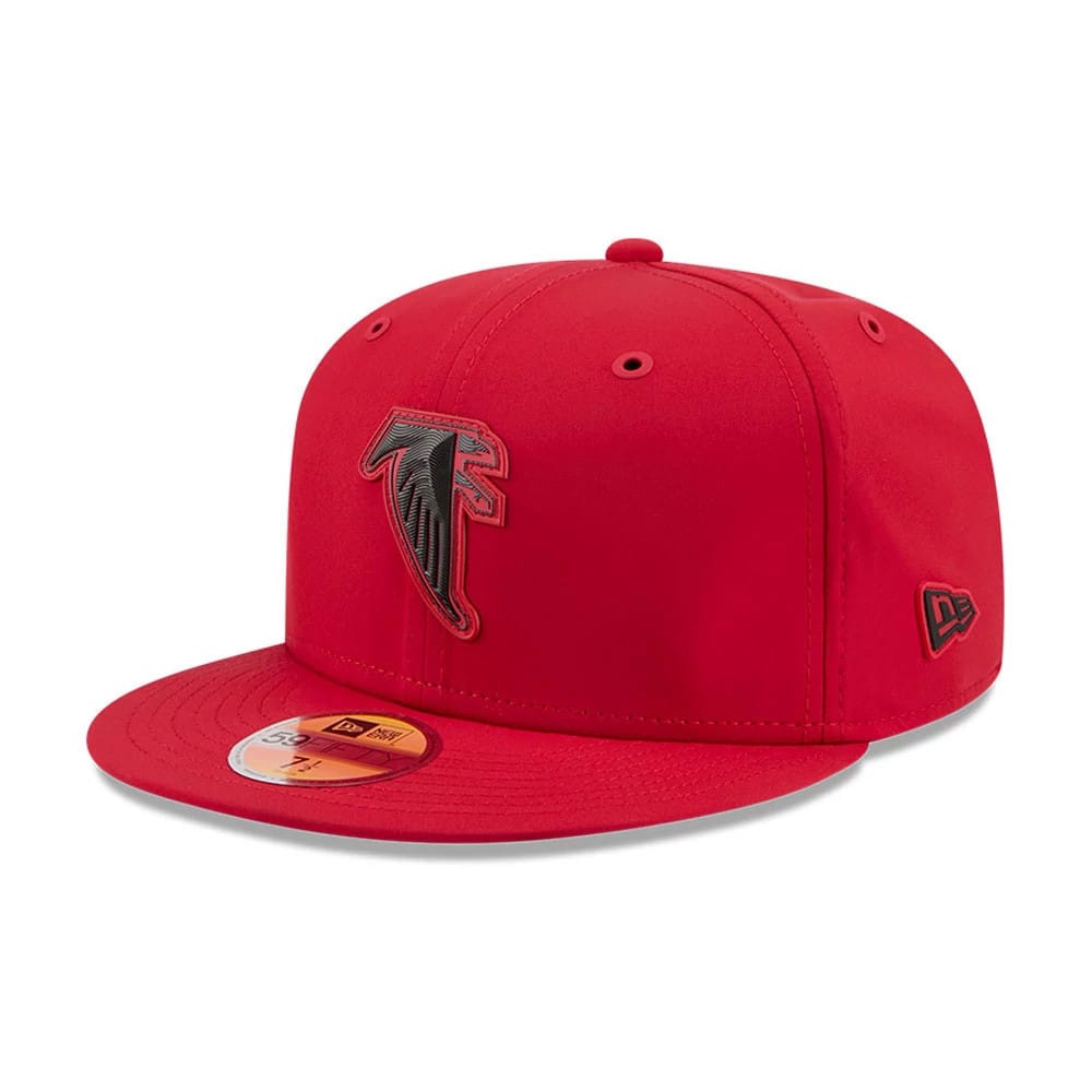 Atlanta Falcons NFL Sideline 2026 Red New Era 59FIFTY Fitted Cap, three-quarter view showing a raised embroidered black and red Falcons logo on the front panel, red visor with a gold 59FIFTY size sticker, and New Era flag logo on the left side.