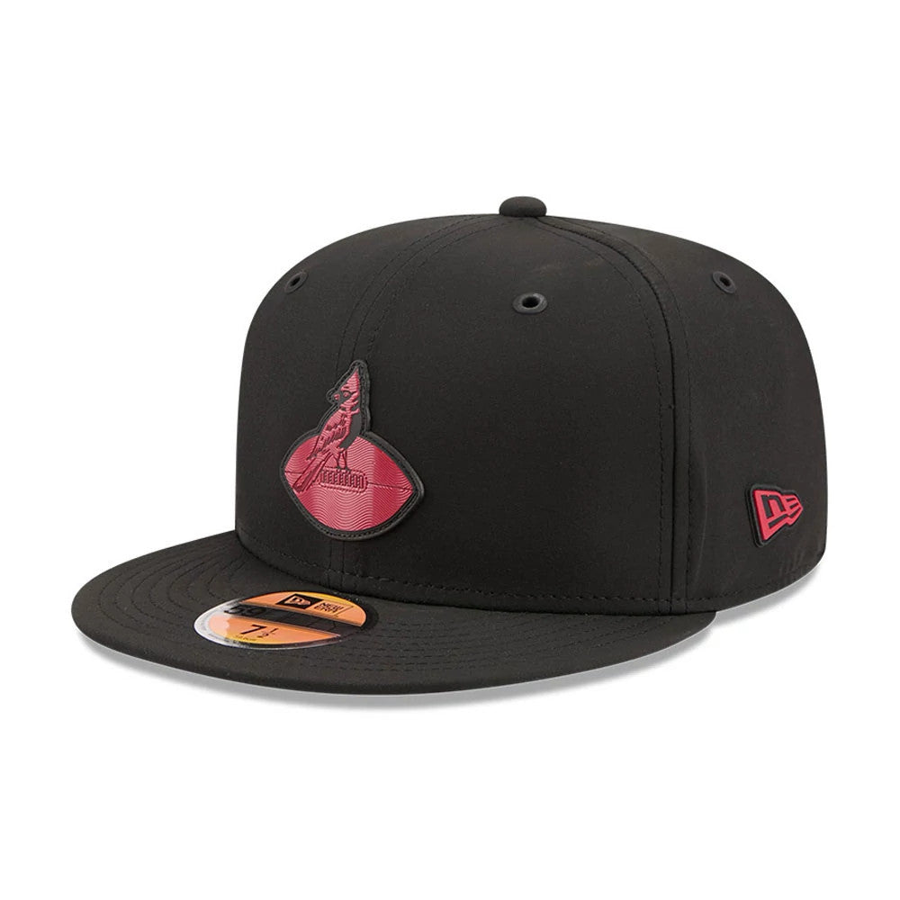 Arizona Cardinals NFL Sideline 2026 Black New Era 59FIFTY Fitted Cap, three-quarter view showing a red embroidered Cardinals logo on the front panel, a black flat visor with a gold 59FIFTY size sticker, and a red New Era flag logo on the left side.