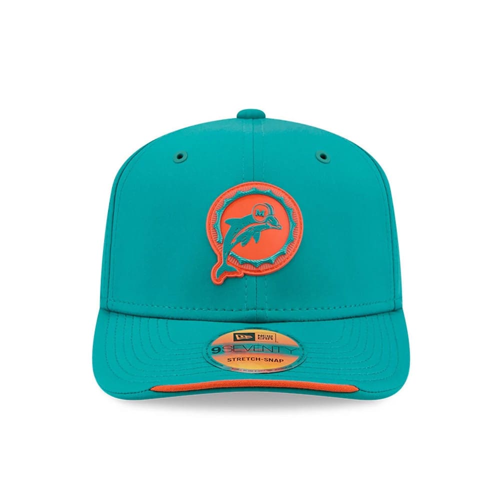 Pictured is this NFL Sideline 2026 Miami Dolphins 9SEVENTY Stretch Snap cap in turquoise. 2