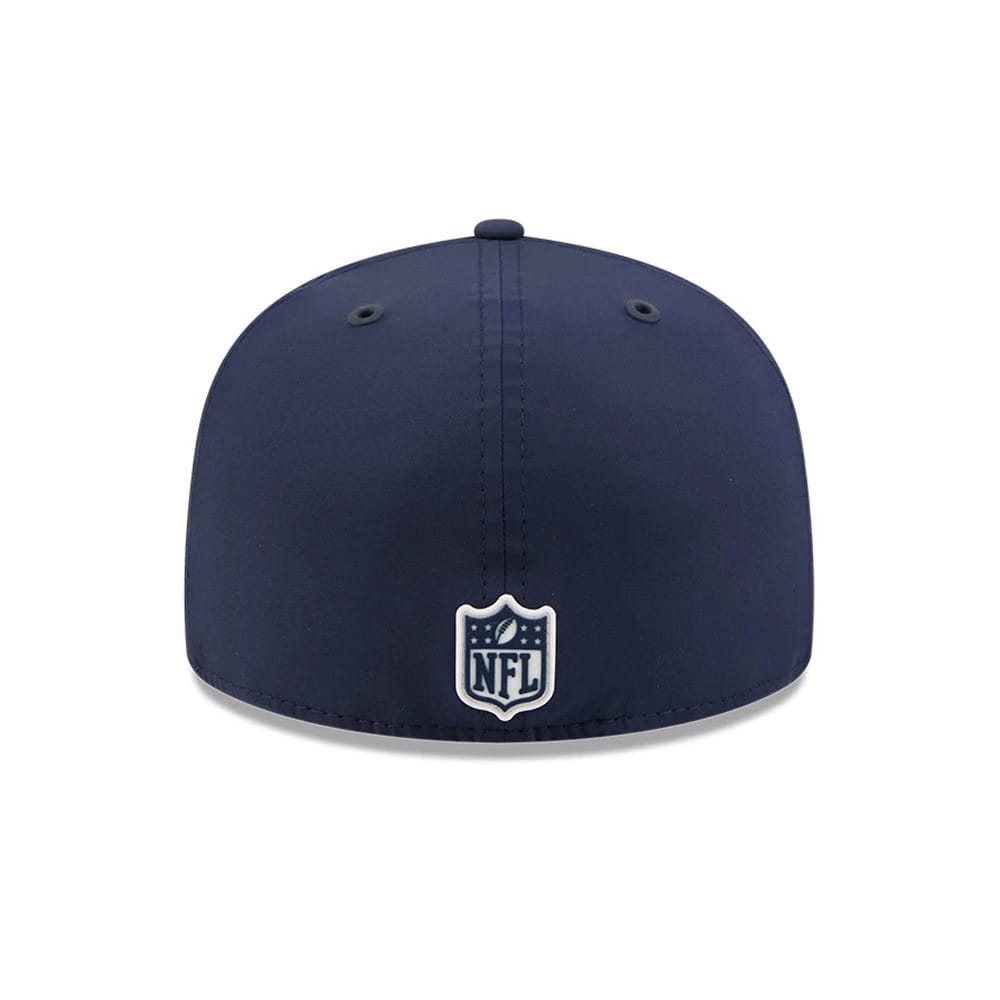 Dallas Cowboys NFL Sideline 2026 Dark Blue New Era 59FIFTY Fitted Cap, rear view showing the embroidered NFL Shield logo at the centre back, with two black eyelets on the structured dark blue crown and a matching top button.