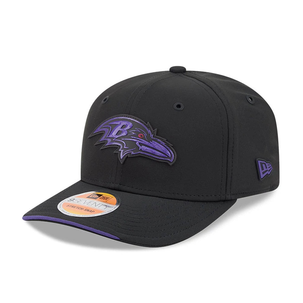Pictured is this NFL Sideline 2026 Baltimore Ravens 9SEVENTY Stretch Snap cap in black. 1