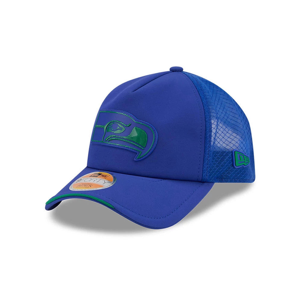 Seattle Seahawks NFL Sideline 2026 Blue New Era 9FORTY Apex Adjustable Cap, three-quarter view showing a raised blue and green Seahawks logo embroidered on the front panel, contrasting textured mesh side panels.