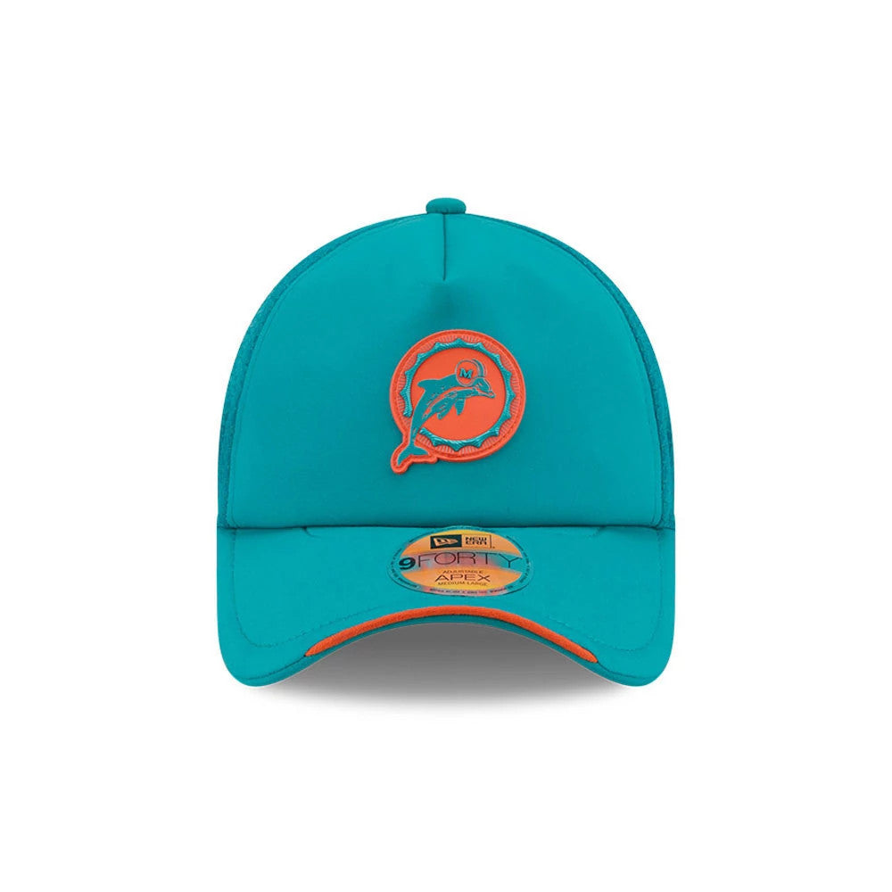 Pictured is this NFL Sideline 2026 Miami Dolphins 9FORTY Apex cap in turquoise. 2