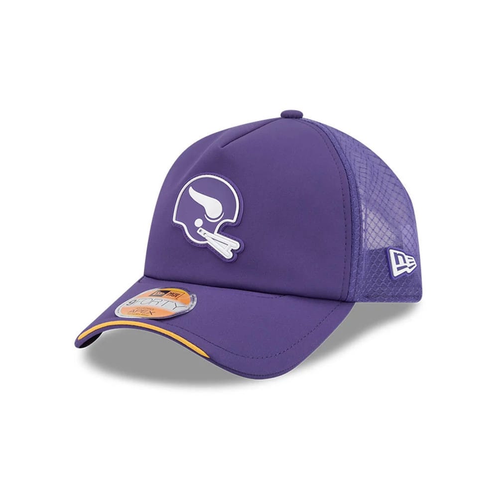 Minnesota Vikings NFL Sideline 2026 Purple New Era 9FORTY Apex Adjustable Cap, three-quarter view showing the raised embroidered Vikings logo on the purple front panel, a 9FORTY size sticker on the visor, and mesh on the side panels.