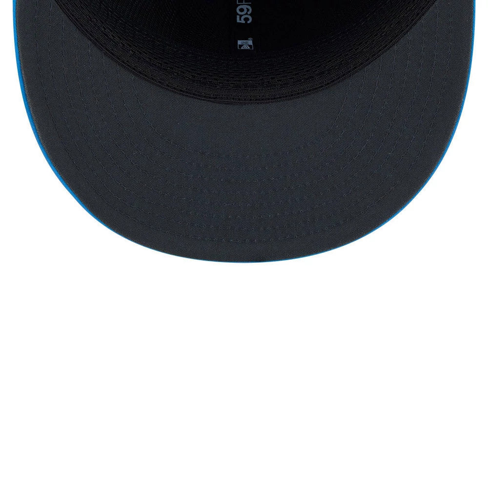 LA Chargers NFL Sideline 2026 Blue New Era 59FIFTY Fitted Cap, inside view showing a black undervisor, the interior seam taping with the 59FIFTY logo, and a MLB Batterman logo on the dark sweatband.