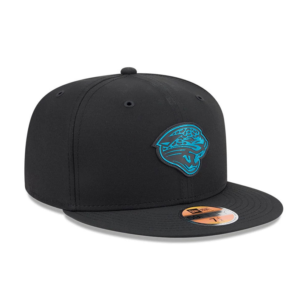 Jacksonville Jaguars NFL Sideline 2026 Black New Era 59FIFTY Fitted Cap, three-quarter view showing the raised teal jaguar logo embroidered on the front panel, a flat black visor with a gold 59FIFTY size sticker and black eyelets on the crown.