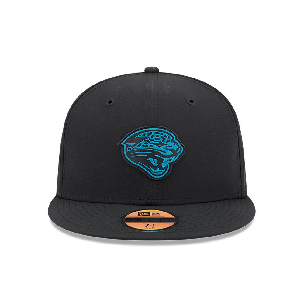Jacksonville Jaguars NFL Sideline 2026 Black New Era 59FIFTY Fitted Cap, front view showing a raised blue embroidered jaguar logo on the black front panel, with matching eyelets and a black visor featuring an orange gold 59FIFTY size sticker.