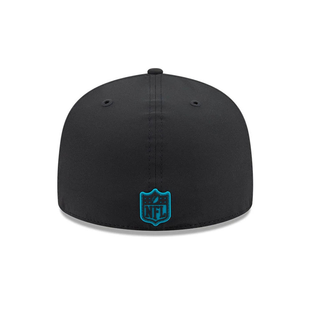 Jacksonville Jaguars NFL Sideline 2026 Black New Era 59FIFTY Fitted Cap, rear view showing the teal and black embroidered NFL logo at the centre back, flanked by black eyelets on the structured black crown.