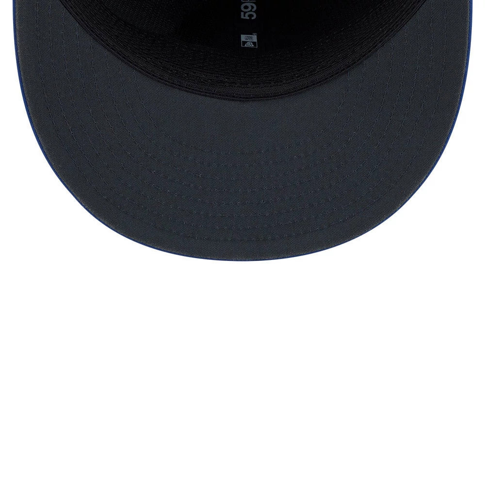 Indianapolis Colts NFL Sideline 2026 Blue New Era 59FIFTY Fitted Cap, inside view showing a black undervisor, a black sweatband, and New Era taping along the interior, with a partially 59FIFTY size sticker.