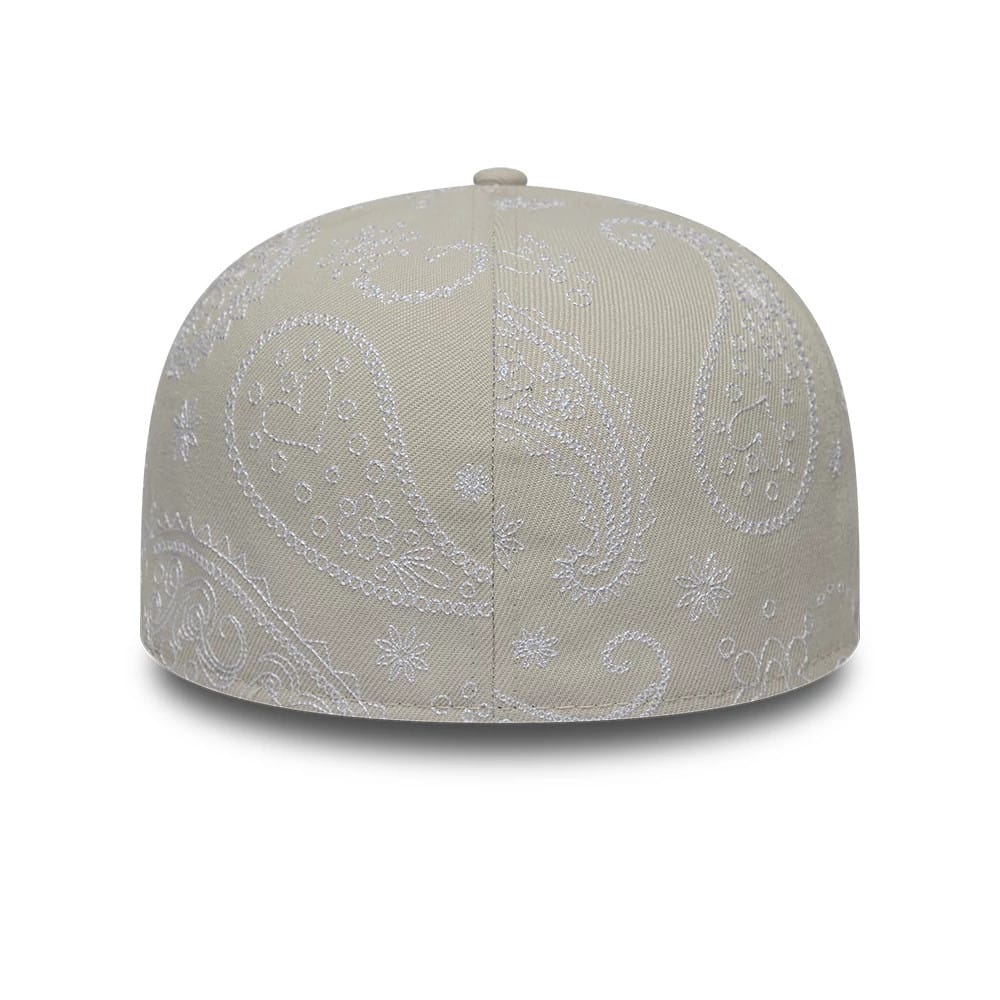 New Era All Over Paisley Cream Low Profile 59FIFTY Fitted Cap, rear view showing intricate white paisley embroidery on the cream panels, with a seamless design over the structured crown and a top button matching the cap's colour.