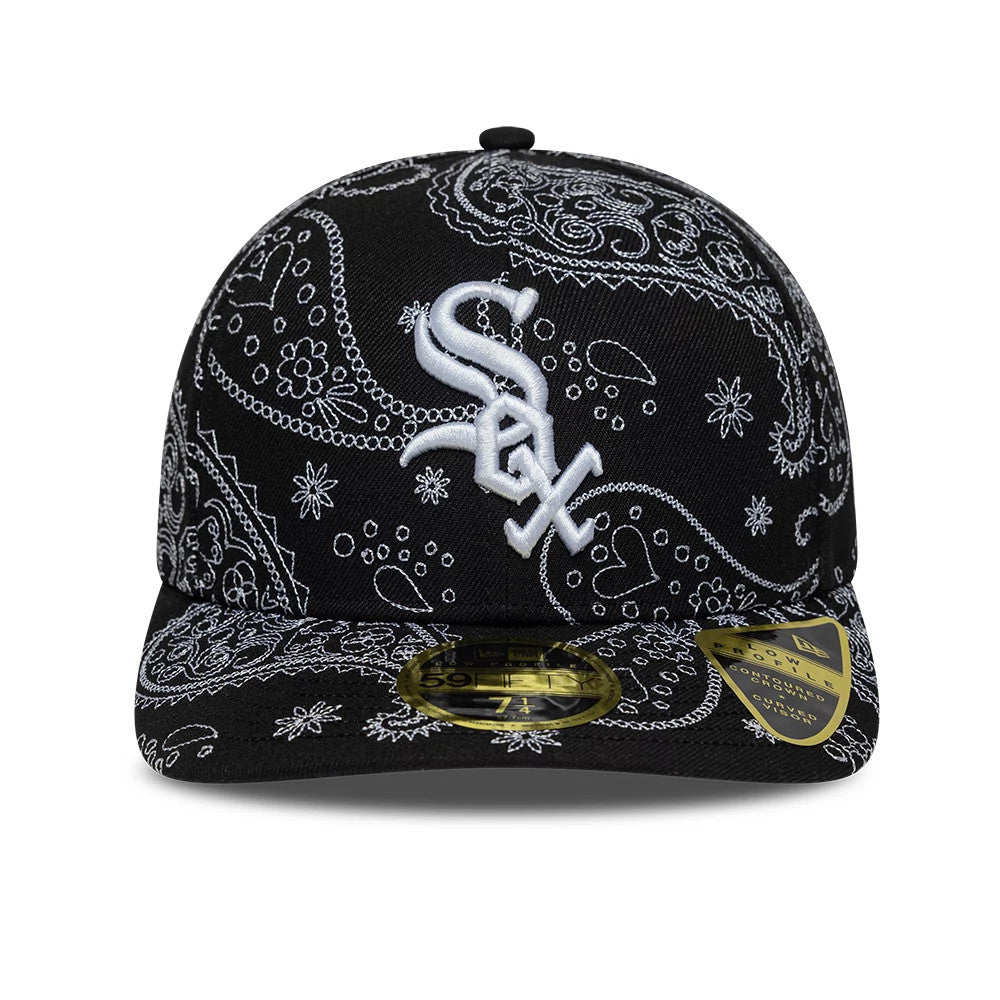Chicago White Sox MLB All Over Paisley Black Low Profile New Era 59FIFTY Fitted Cap, front view showing the white embroidered logo on the structured crown, intricate white paisley pattern throughout.