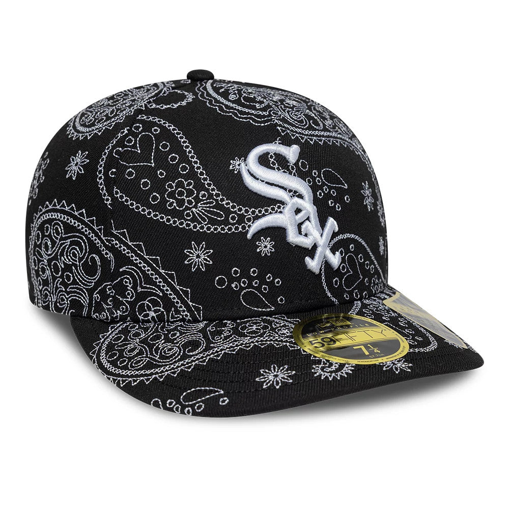 Chicago White Sox MLB All Over Paisley Black New Era 59FIFTY Fitted Cap, three-quarter view showing the raised white Sox logo embroidered on the front panel, paisley pattern across the entire crown and visor.