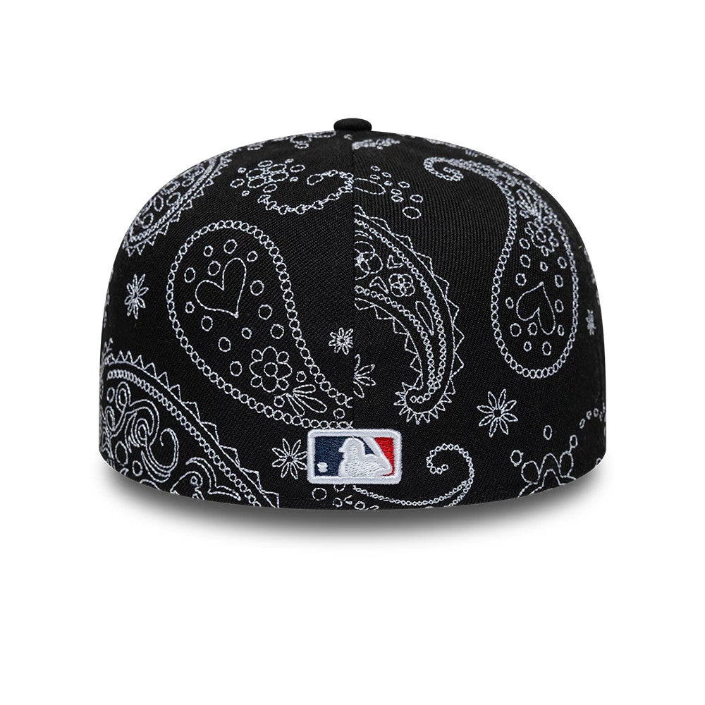 Chicago White Sox MLB All Over Paisley Black Low Profile New Era 59FIFTY Fitted Cap, rear view showing the white and red embroidered MLB Batterman logo at the centre of the back panels, surrounded by intricate white paisley patterns.