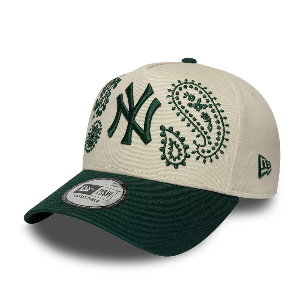 Pictured is this MLB Paisley New York Yankees 9FORTY E-Frame cap in cream & green. 1