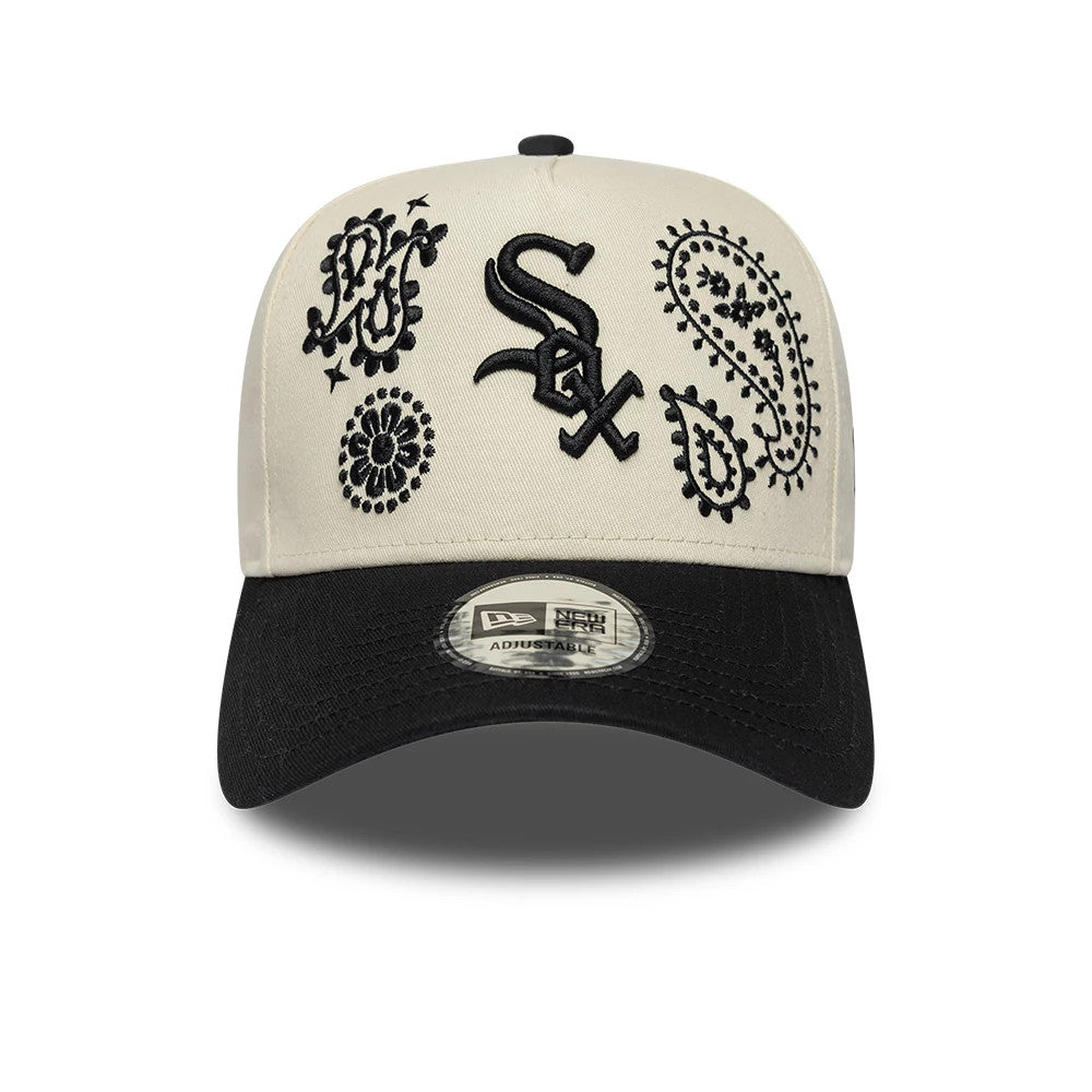 Chicago White Sox MLB Paisley Cream & Black New Era 9FORTY E-Frame Adjustable Cap, front view showing the intricate black paisley and Sox logo embroidery on the cream front panels with a matching black pre-curved visor and 9FORTY size sticker.