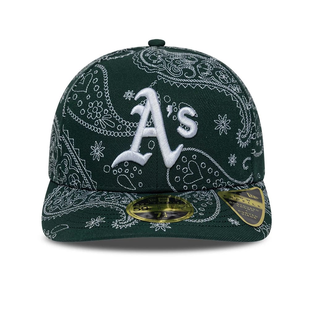 Pictured is this MLB All Over Paisley Athletics Low Profile 59FIFTY Fitted cap in dark green. 2