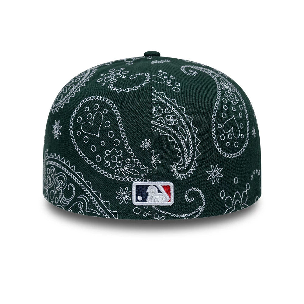 Athletics MLB All Over Paisley Dark Green New Era Low Profile 59FIFTY Fitted Cap, rear view showing the MLB Batterman logo embroidered at the centre back, set on a dark green crown with an all-over white paisley pattern and a black top button.