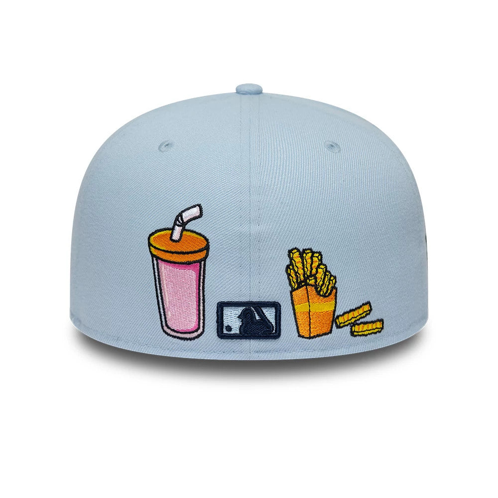 New York Yankees MLB Food Pastel Blue New Era 59FIFTY Fitted Cap, rear view showing a playful embroidered design with a pink soda cup, yellow fries, and a navy MLB Batterman logo, all centred on the light blue structured crown.