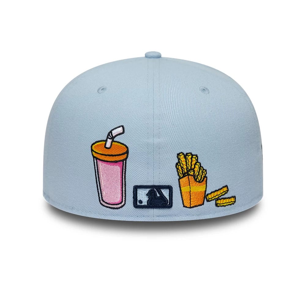 New York Yankees MLB Food Pastel Blue New Era 59FIFTY Fitted Cap, rear view showing a playful embroidered design with a pink soda cup, yellow fries, and a navy MLB Batterman logo, all centred on the light blue structured crown.