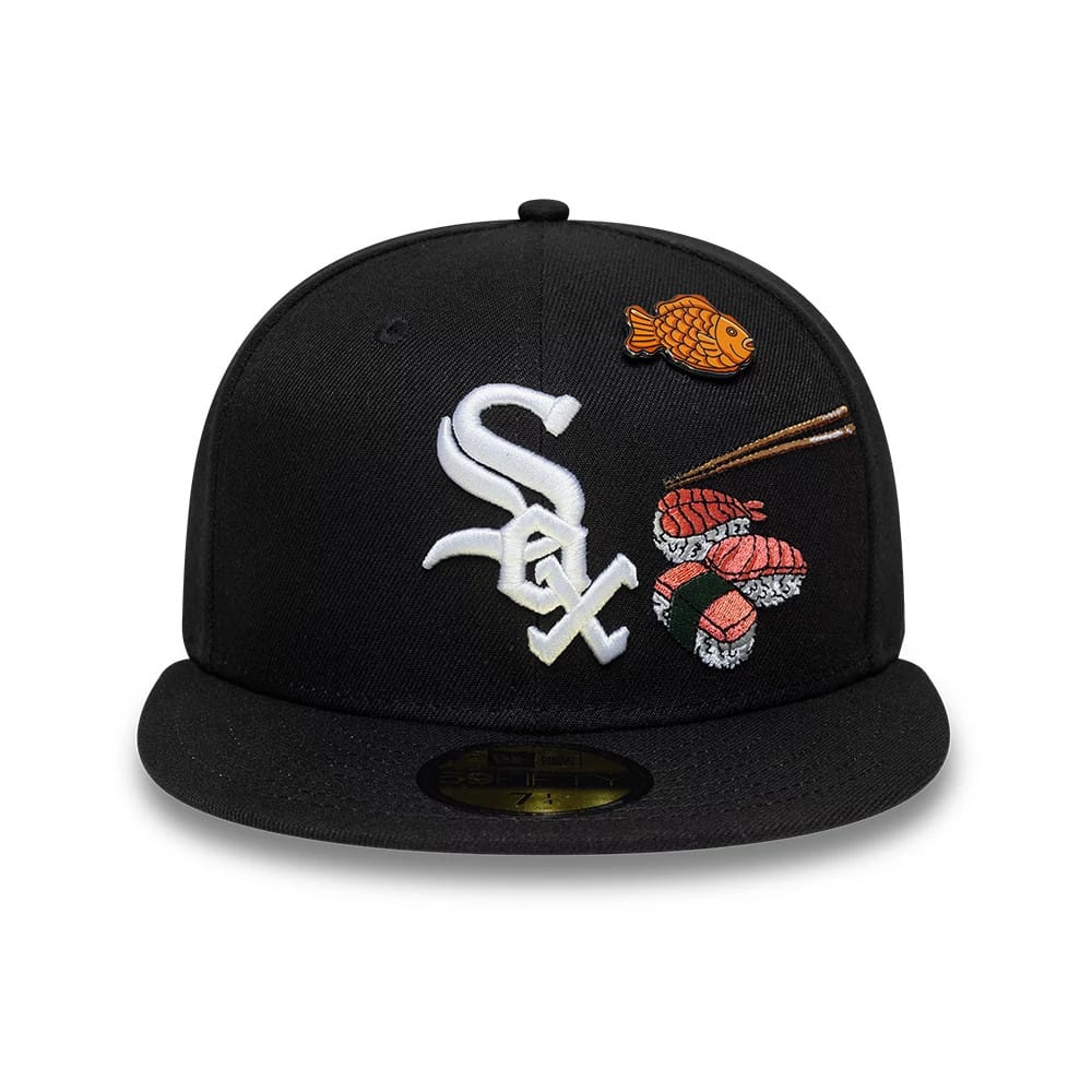 Chicago White Sox MLB Food Black New Era 59FIFTY Fitted Cap, front view showing white embroidered Sox logo on the front panel with detailed sushi and fish motifs, black flat visor with a gold 59FIFTY size sticker, and black top button.