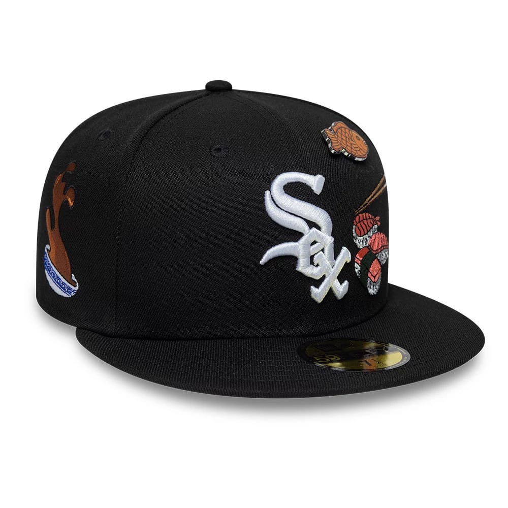 Chicago White Sox MLB Food Black New Era 59FIFTY Fitted Cap, front view showing the white Sox logo in raised embroidery on the black structured crown, with food-themed patches and a gold 59FIFTY size sticker on the flat visor.