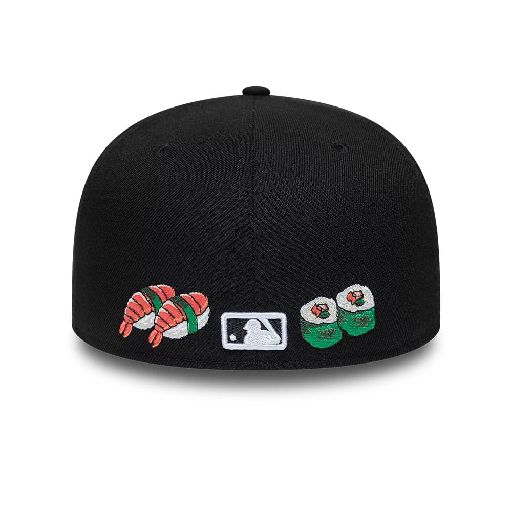 Chicago White Sox MLB Food Black New Era 59FIFTY Fitted Cap, rear view showing sushi-themed embroidered artwork with shrimp and sushi rolls on either side of the white MLB Batterman logo at the centre back of the black crown.
